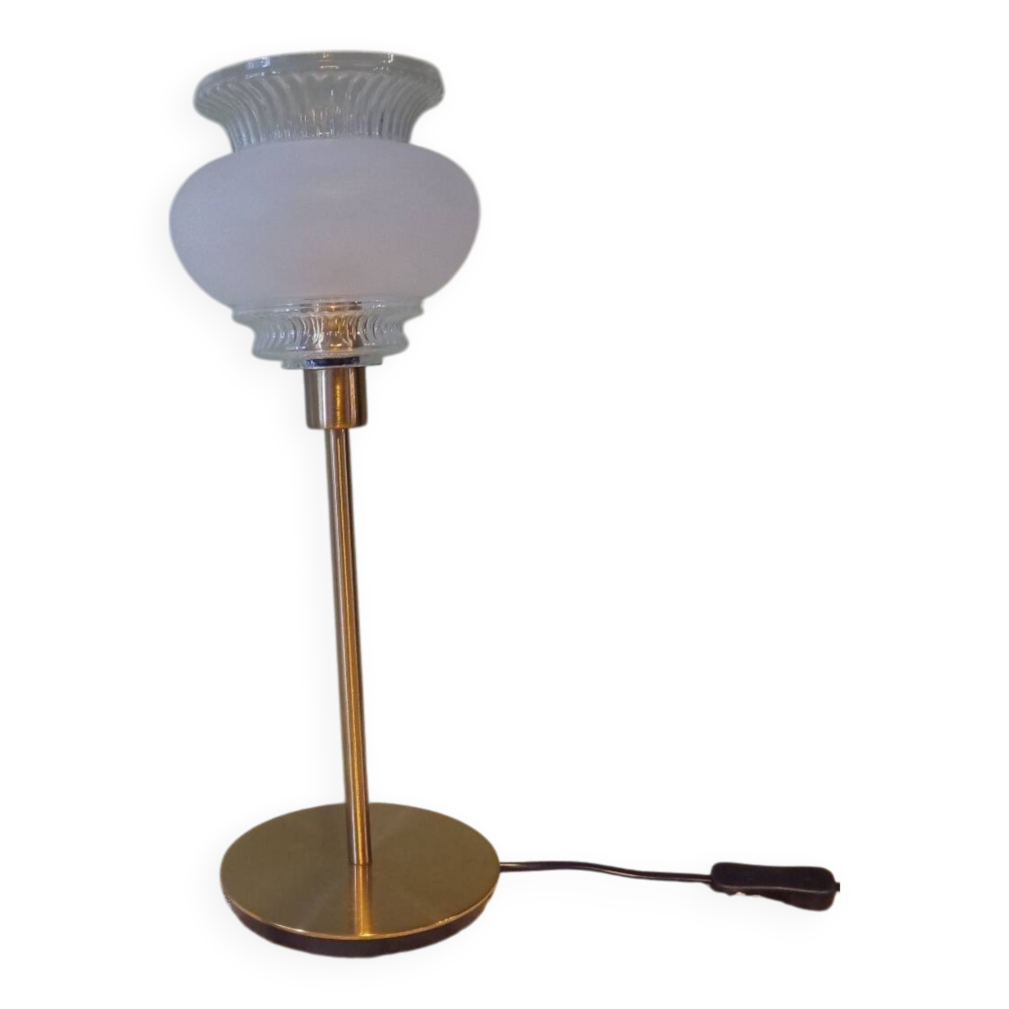 Table lamp with gold metal base and vintage white glass lampshade