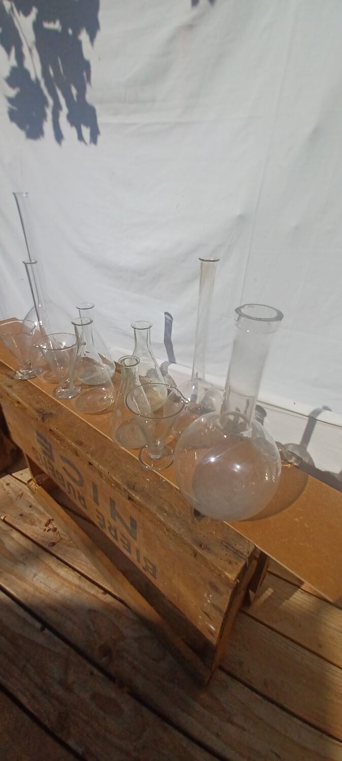 Lot of old soliflore vases chemistry laboratory equipment