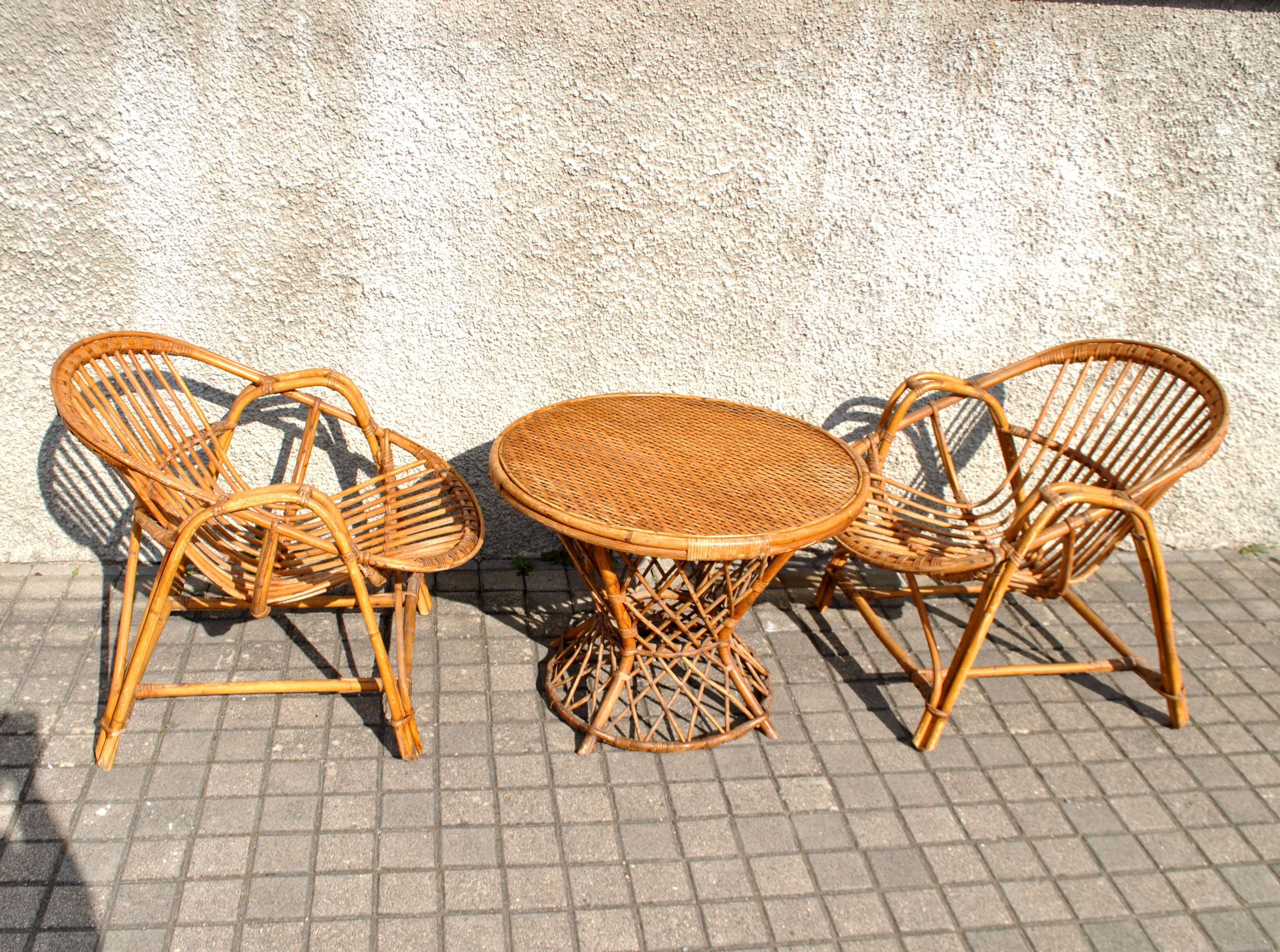 Vintage balcony garden furniture armchairs and table bamboo and rattan 1960