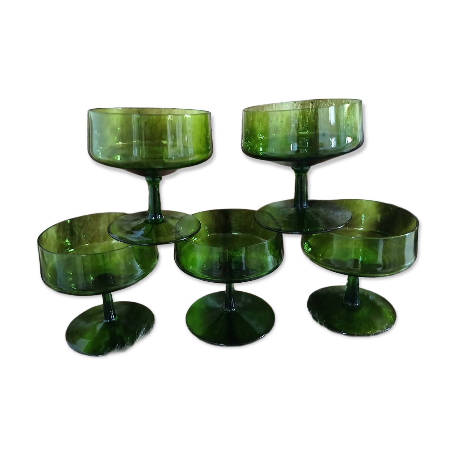 5 antique green champagne coupes
