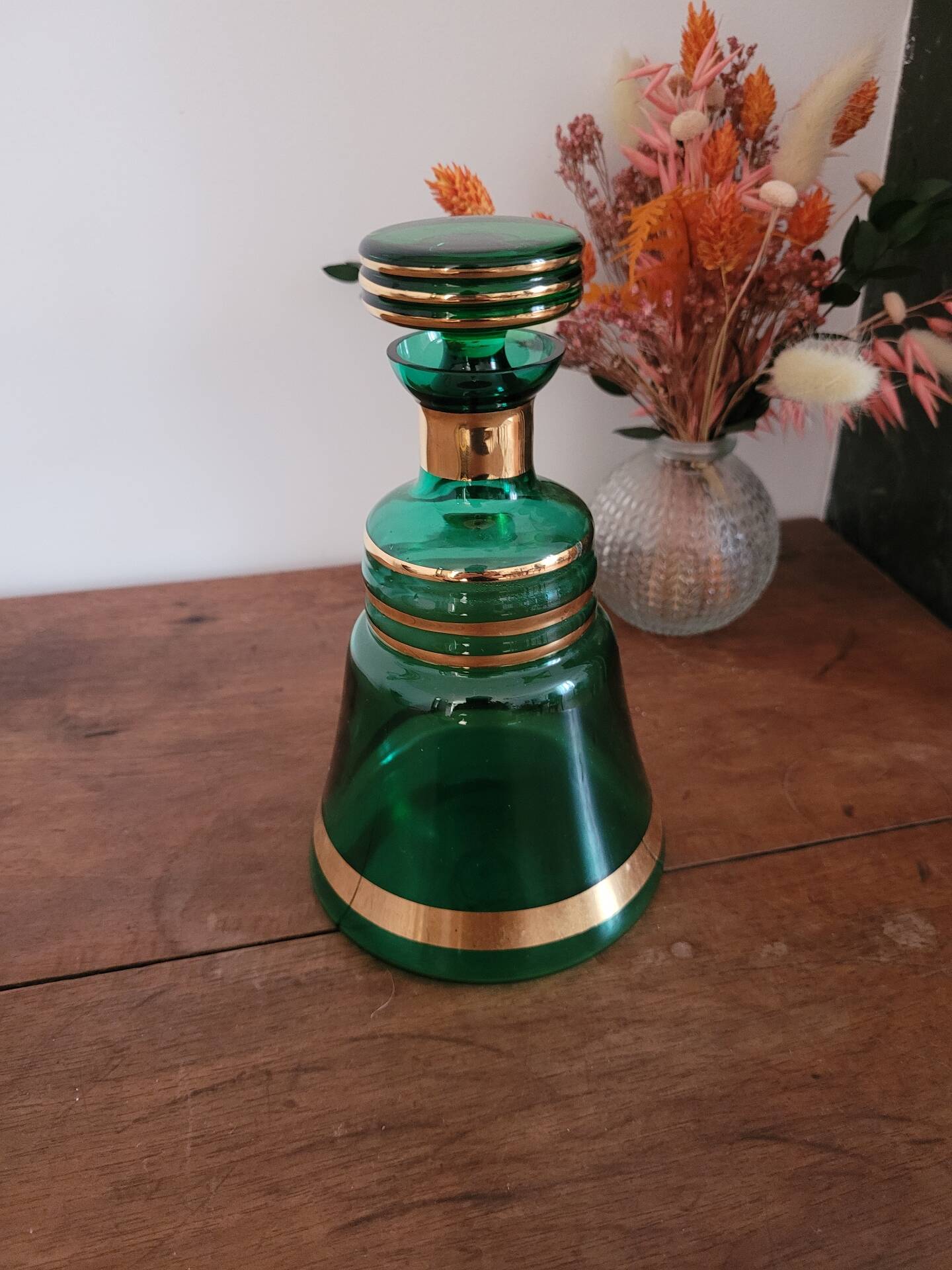 Green and gold glass carafe