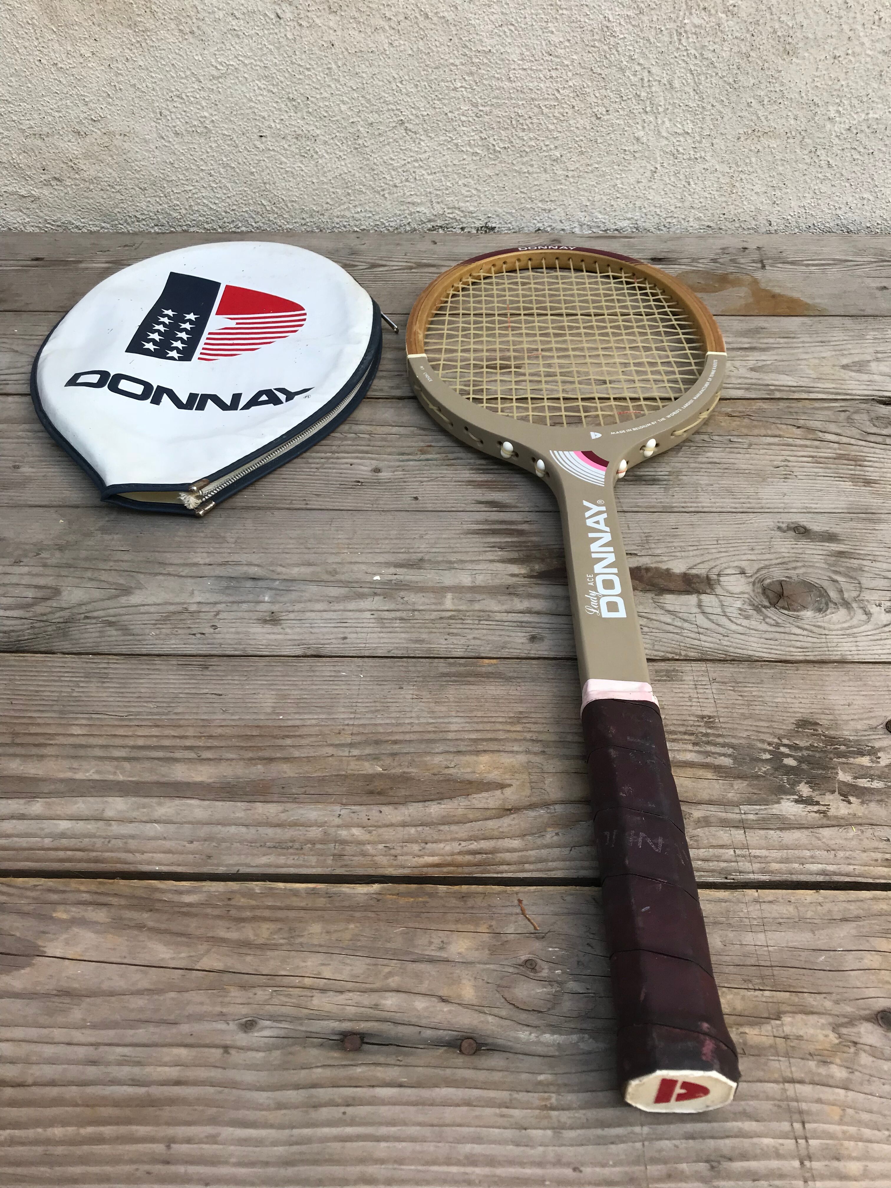 Old lady ace wood and leather vintage tennis racquet