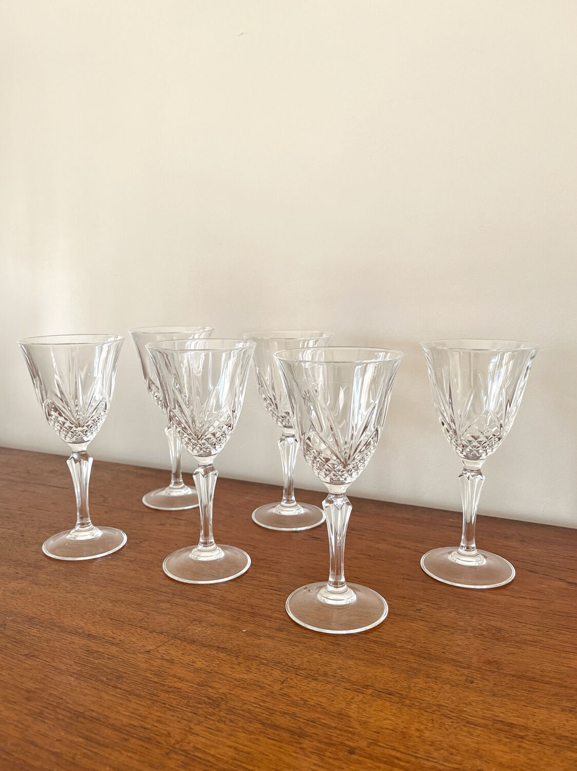 6 vintage Cristal d'Arques "Masquerade" wine glasses
