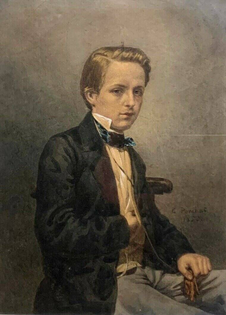 Swiss school 19th (1856): Portrait In Watercolor On Parchment Paper