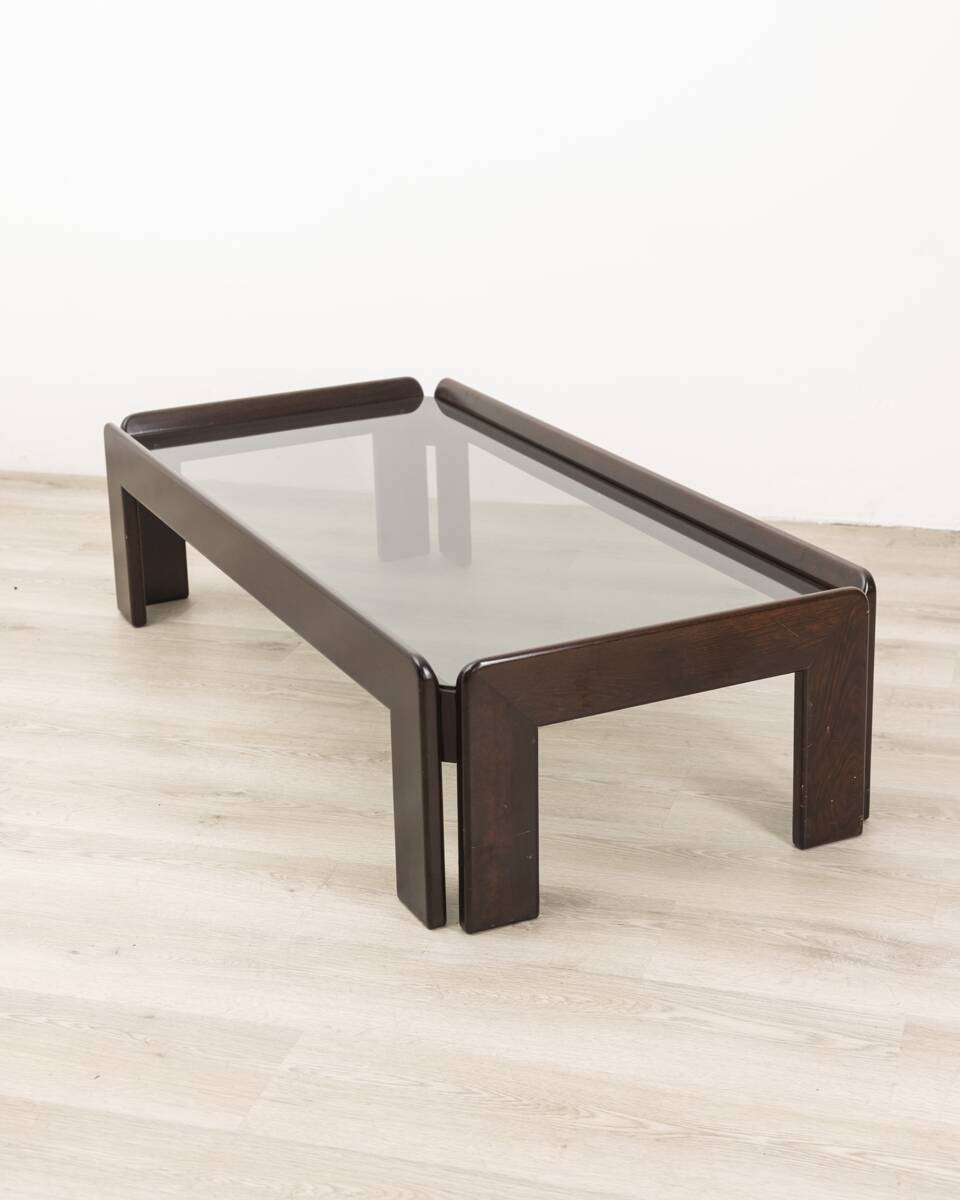 Table vintage années 70 en bois et verre design afra et tobia scarpa