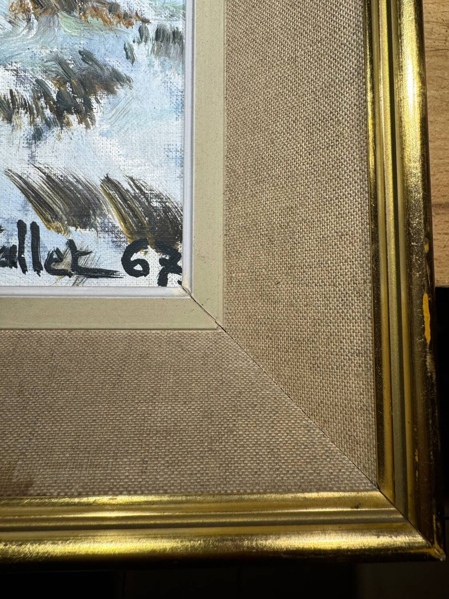Antique painting, landscape under the snow, signed Fallet 1967