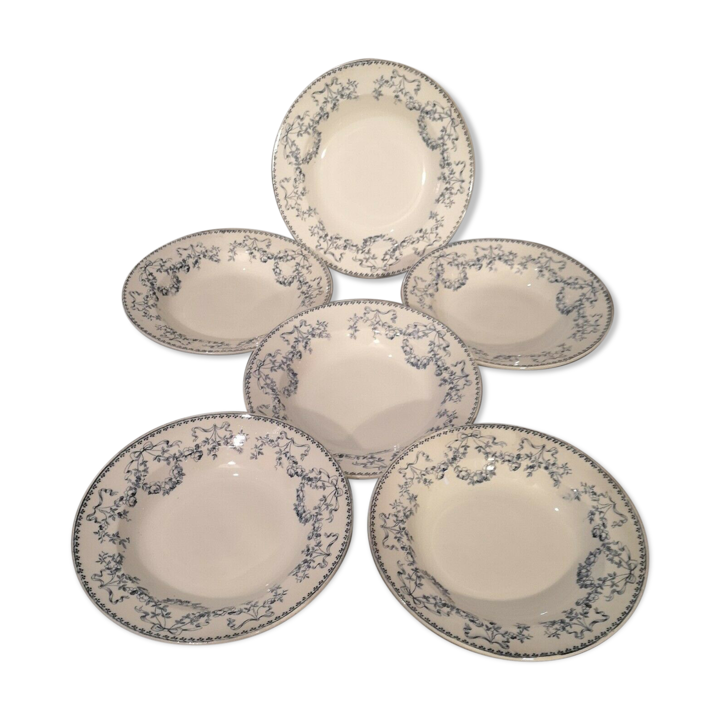 Series of 6 hollow plates in sarreguemines earthenware model Mozart blue