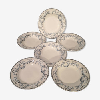 Series of 6 hollow plates in sarreguemines earthenware model Mozart blue