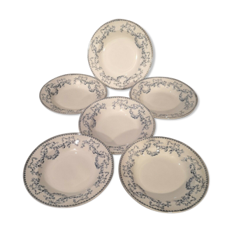 Series of 6 hollow plates in sarreguemines earthenware model Mozart blue