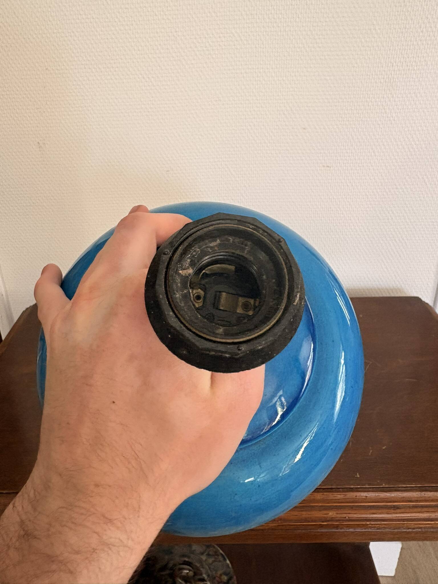 Antique Blue Glazed Ceramic Baluster Lamp Italy