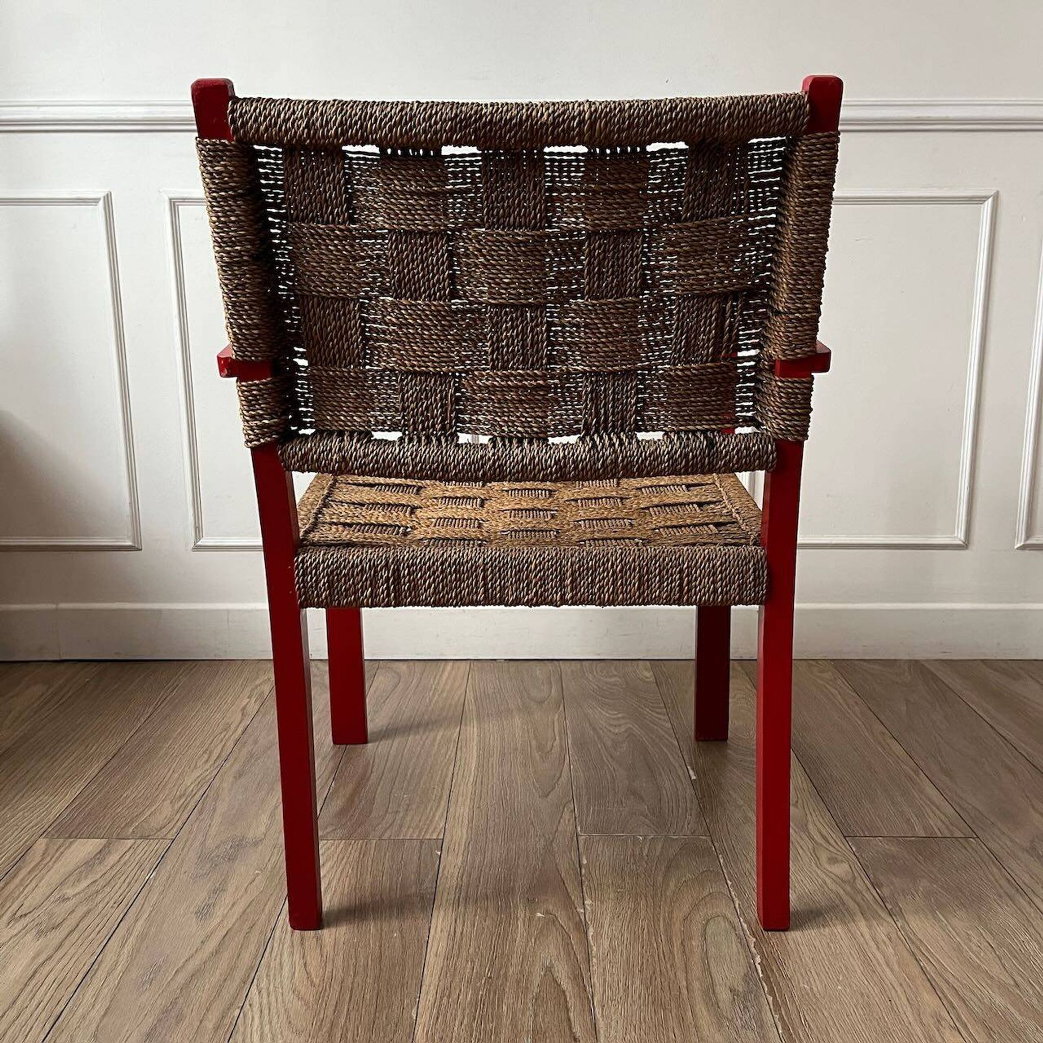 Vintage armchair in red wood and rope