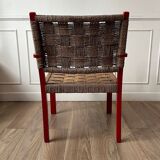 Vintage armchair in red wood and rope