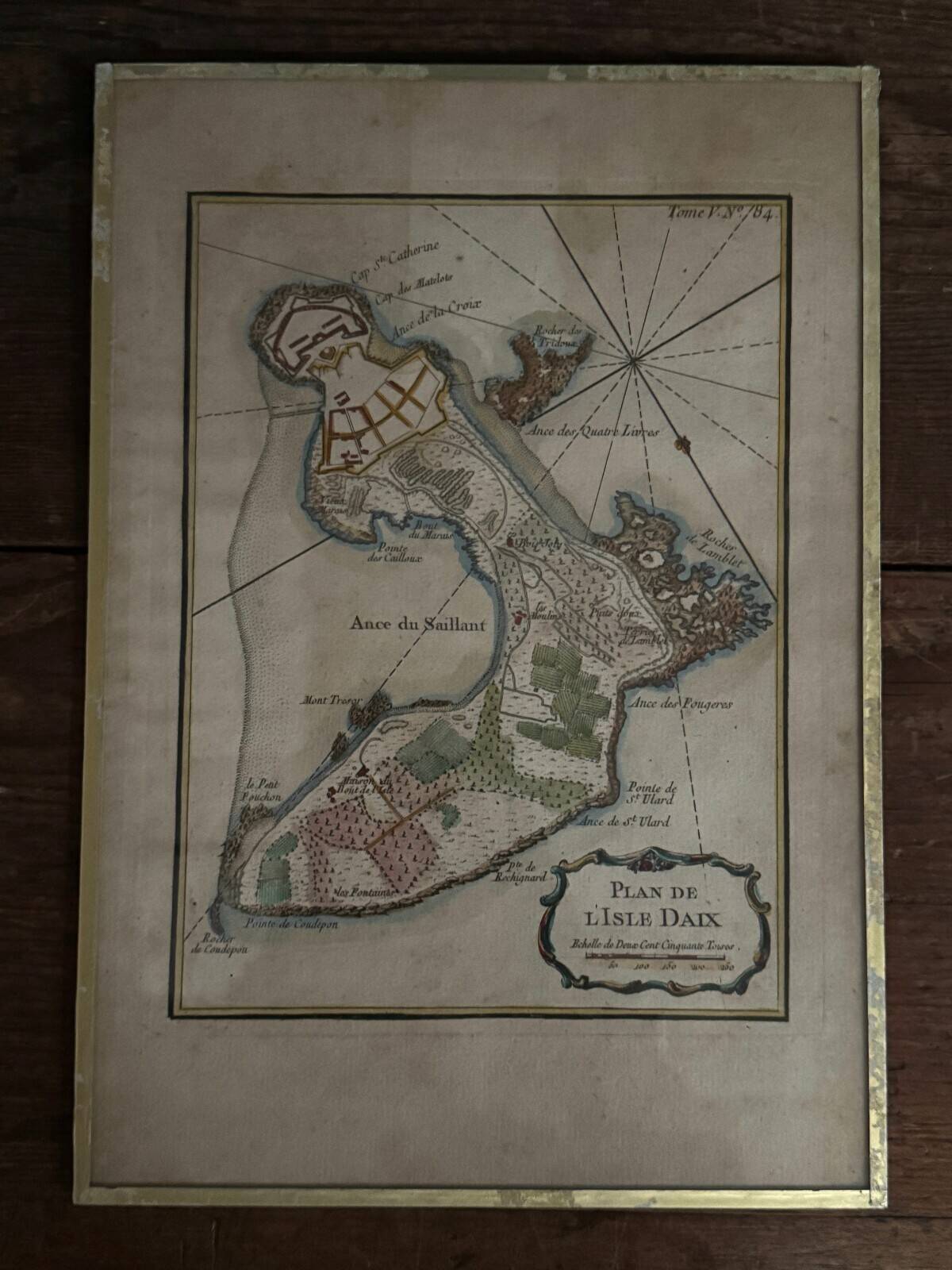 Color engraving under glass, plan of Isle Daix, 18th century