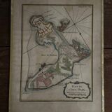 Color engraving under glass, plan of Isle Daix, 18th century