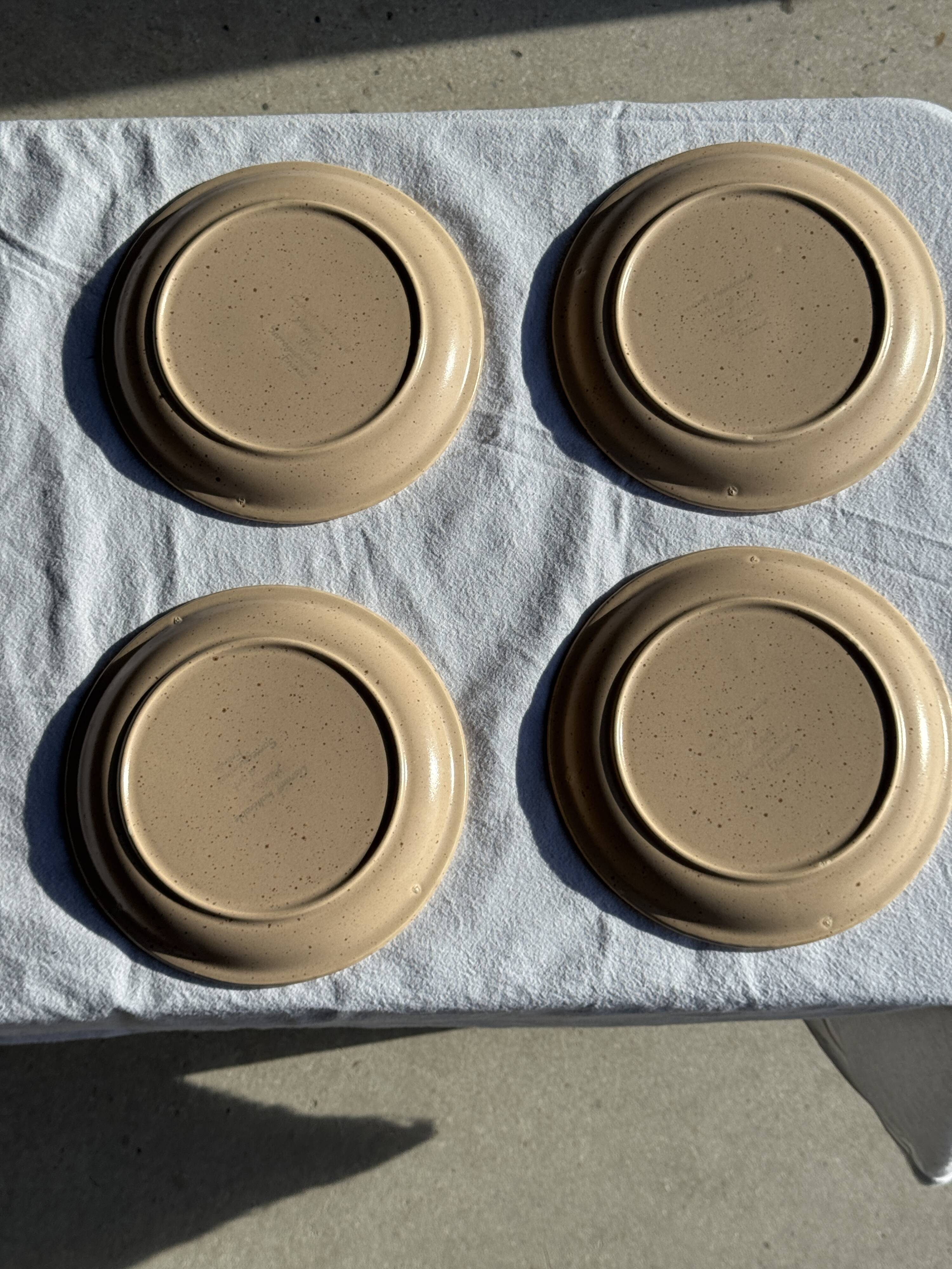 Lot de 4 assiettes à dessert en grès beige liseré brun Sarreguemines grès