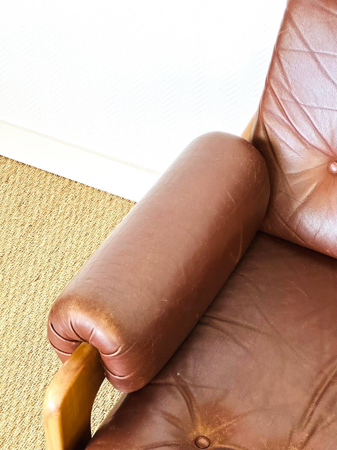 Vintage Scandinavian leather and teak armchair 1960