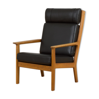 Fauteuil Hans Wegner GE 265 pour Getama en chêne & cuir noir, Danemark 1970/80