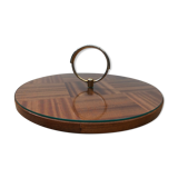 Ancien plat plateau fromage bois + plexi + anse laiton cuisine vintage