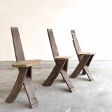 Set of 3 chairs brutalist tripod solid wood