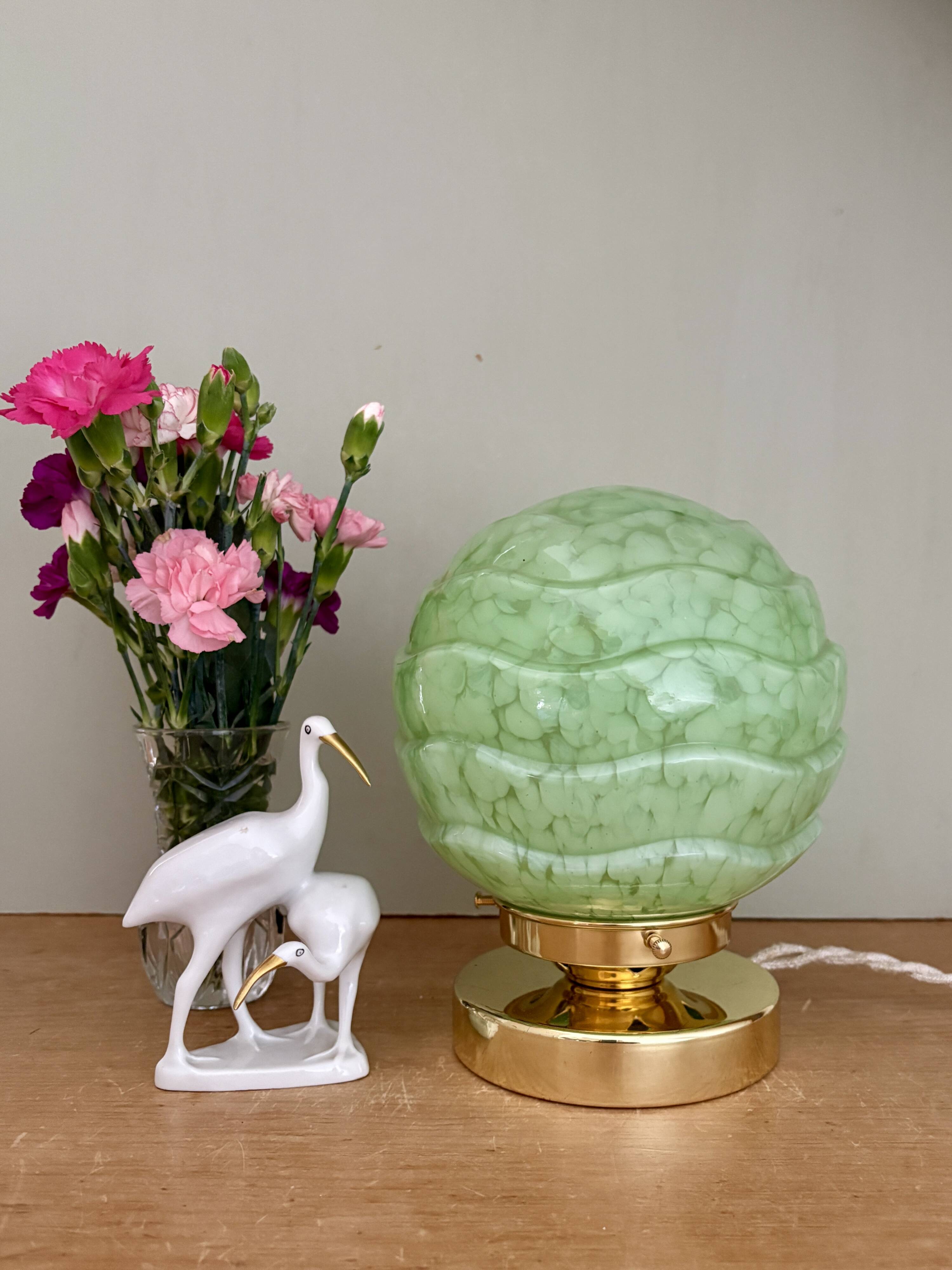 Vintage art deco globe table lamp in mint green Clichy glass