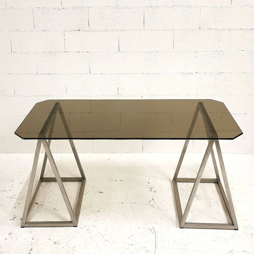 Bureau à tréteaux inox et verre, 1970