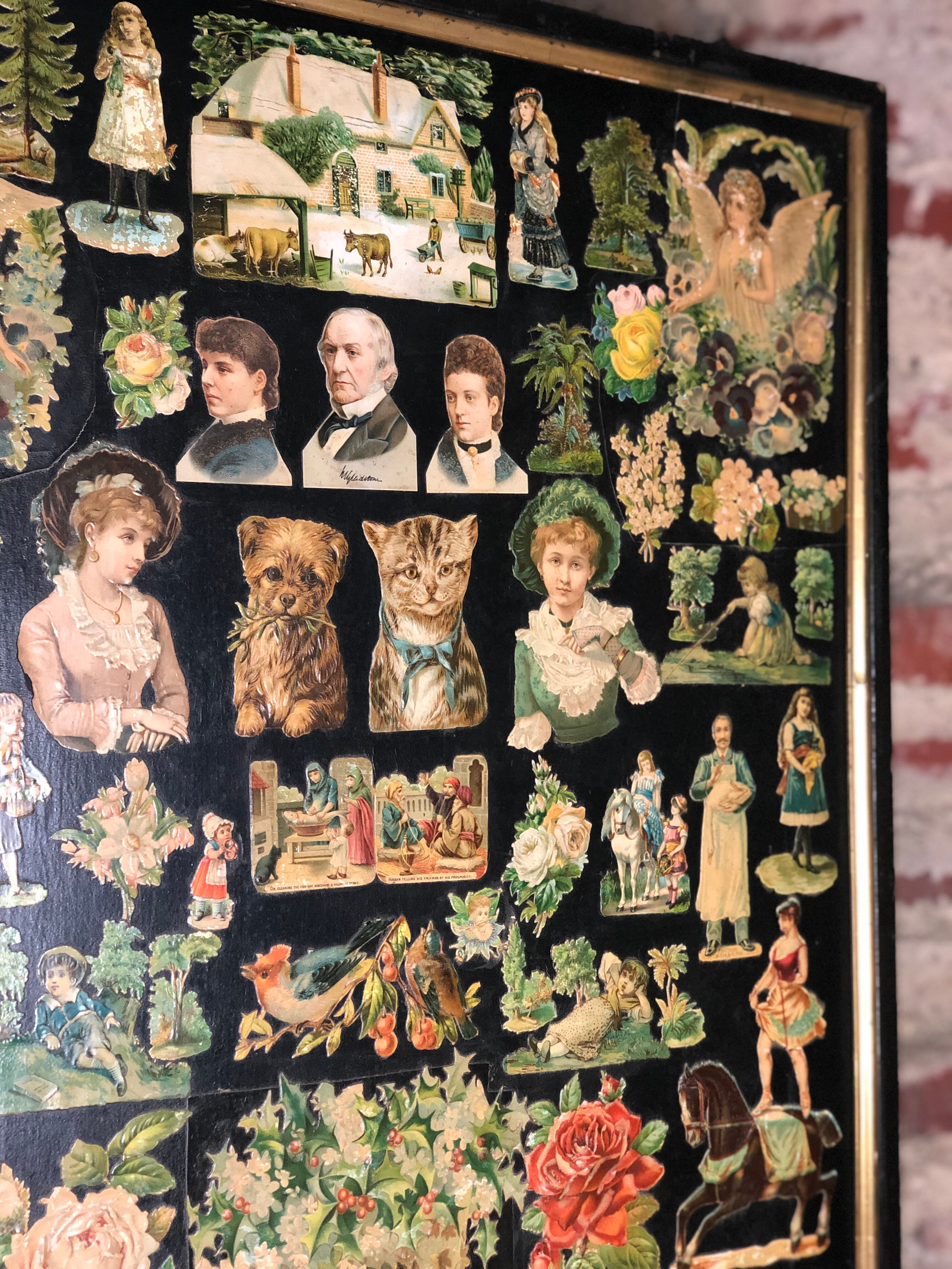 Paravent anglais à trois feuilles recouvertes d'un collage chromo XIX eme