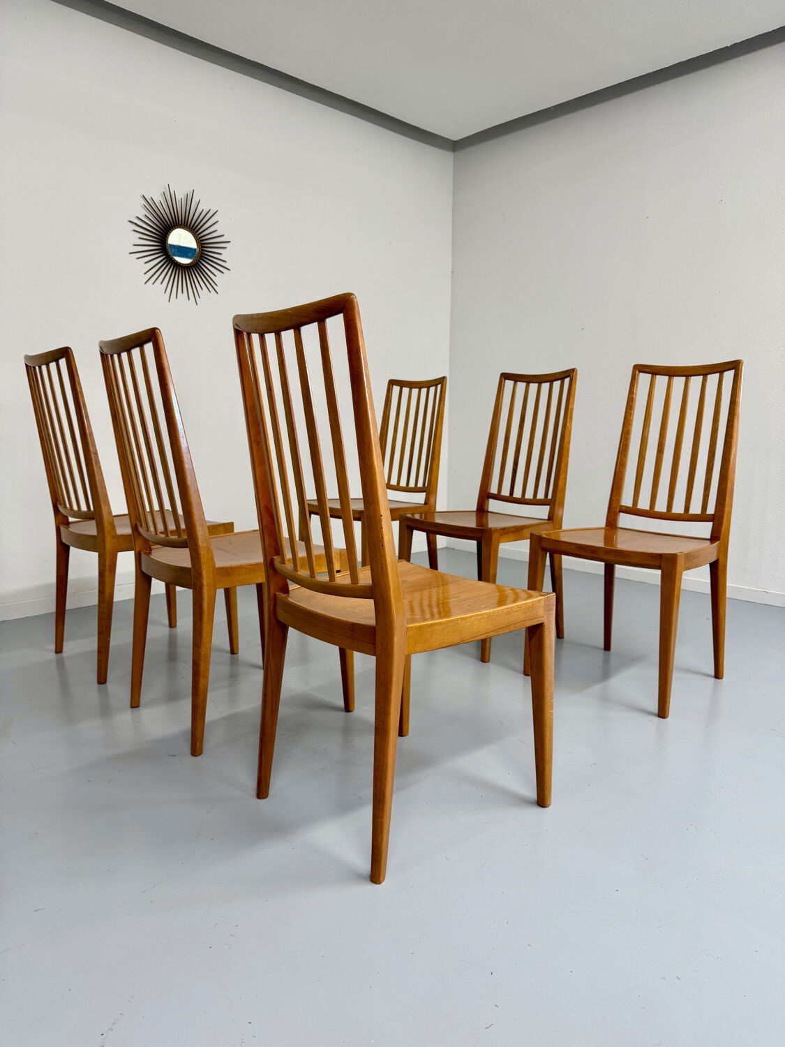 Lot de 6 chaises en hêtre massif vintage bois bicolore design annee 60