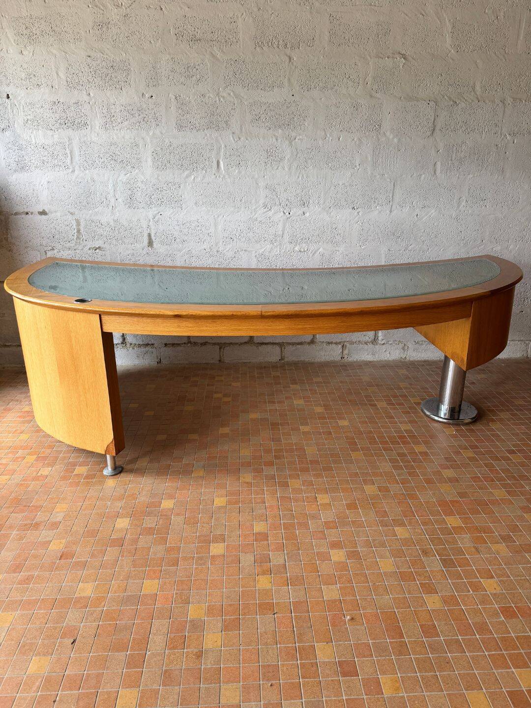 Large desk design in oak and smoked glass - 1990s