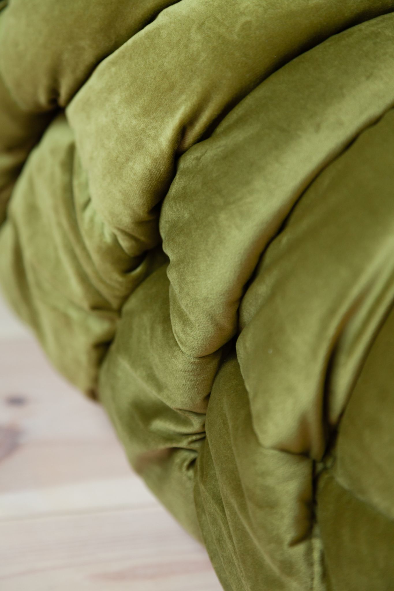Armchair and pouffe Togo in green olive velvet model designed by Michel Ducaroy 1973