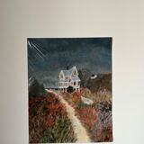 Painting of house by the sea, handmade, on thick paper