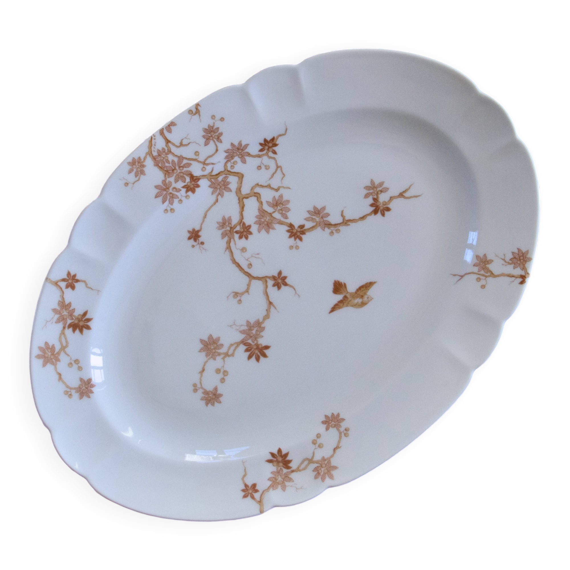 Grand plat ovale ancien en porcelaine de Limoges Haviland, décor oiseaux
