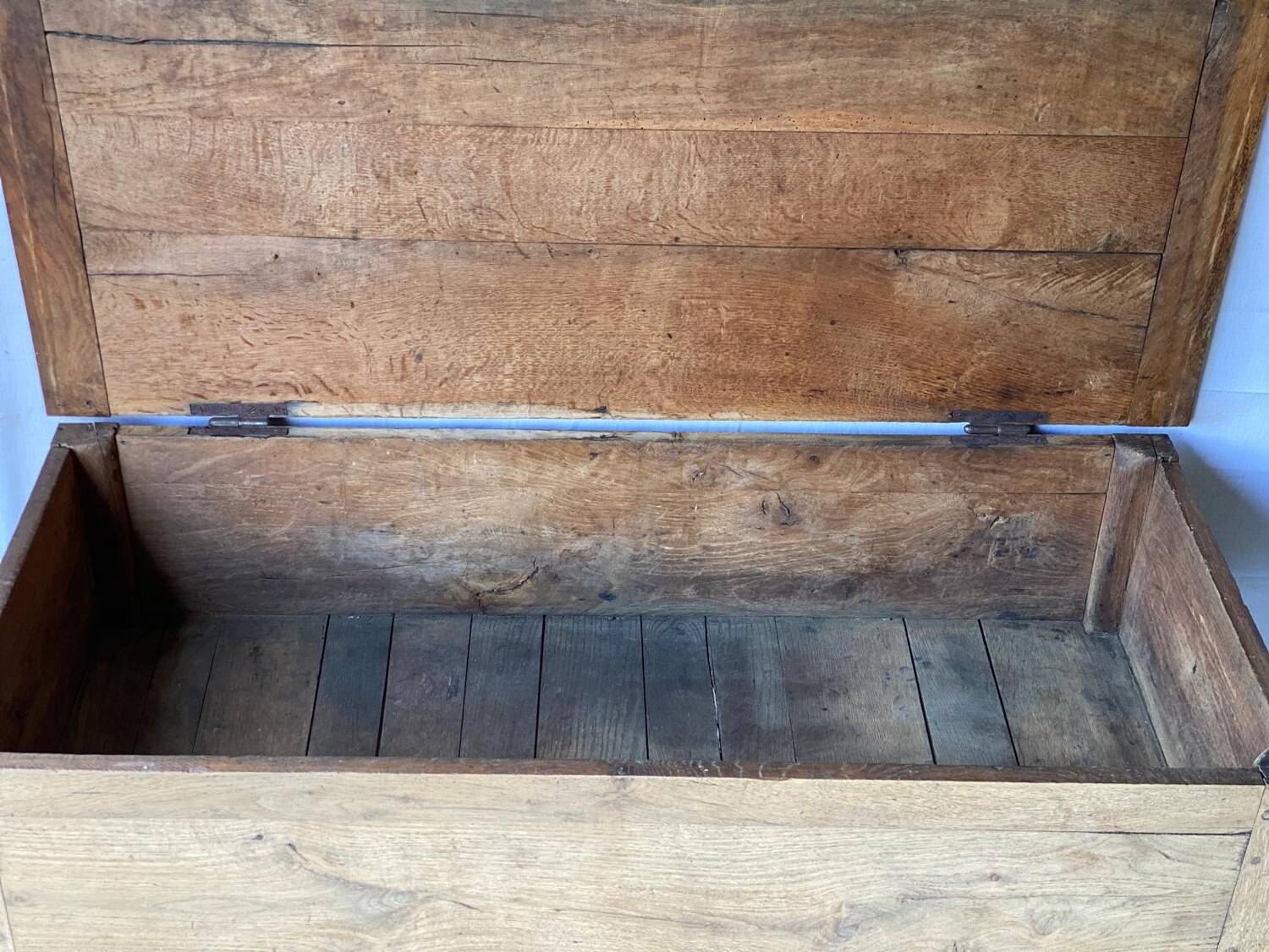 Vintage kneading trough renovated in solid raw oak wood