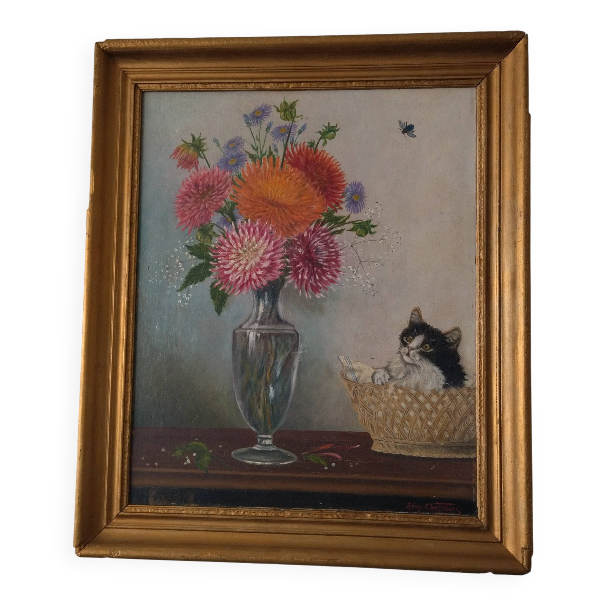 Old panel painting - Kitten and Flowers - Signed Léon Chevalier