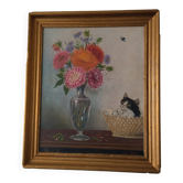 Old panel painting - Kitten and Flowers - Signed Léon Chevalier