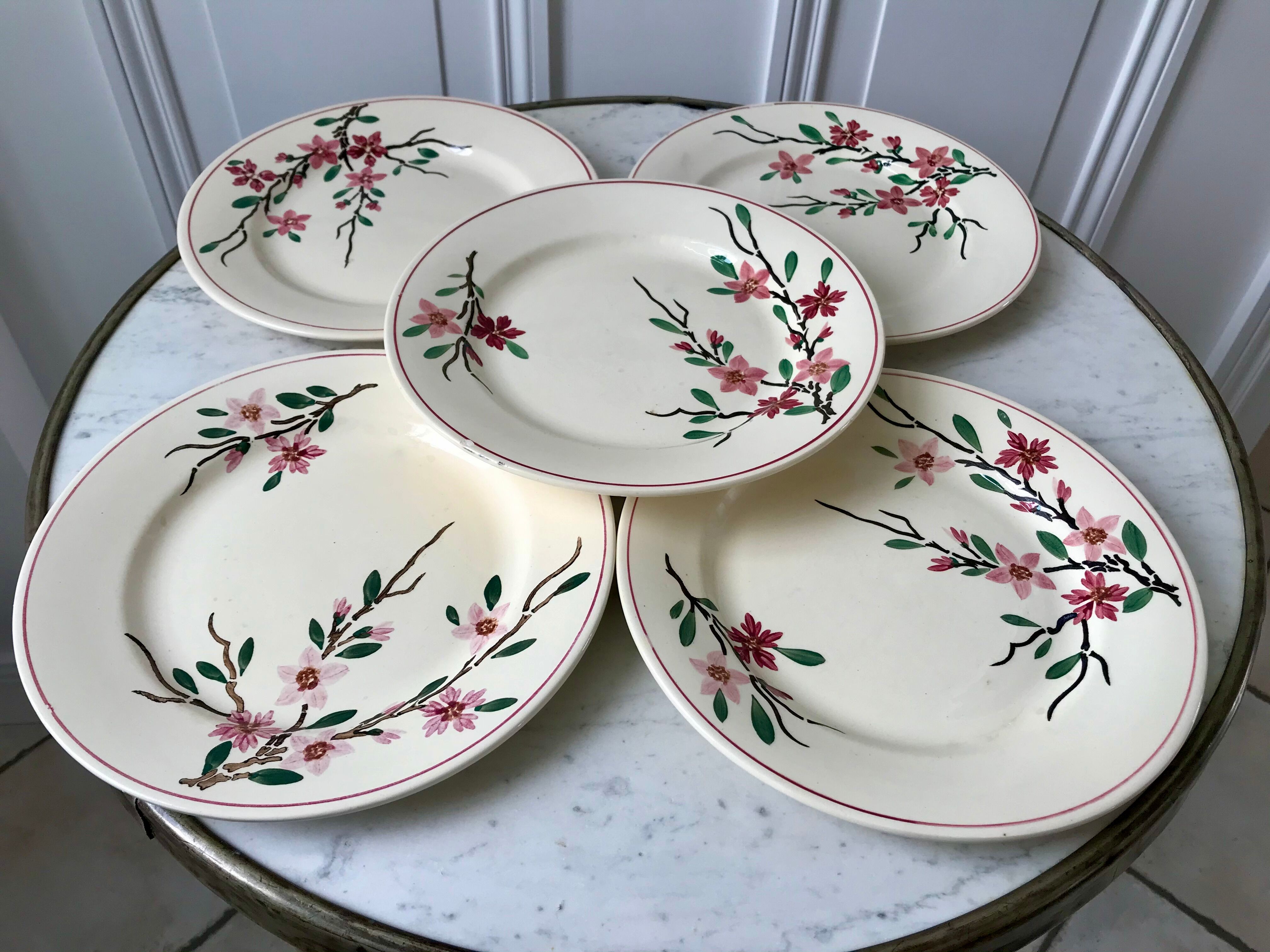 5 flat plates Digoin Sarreguemines model Aigues-Vives hand painted years 30-40
