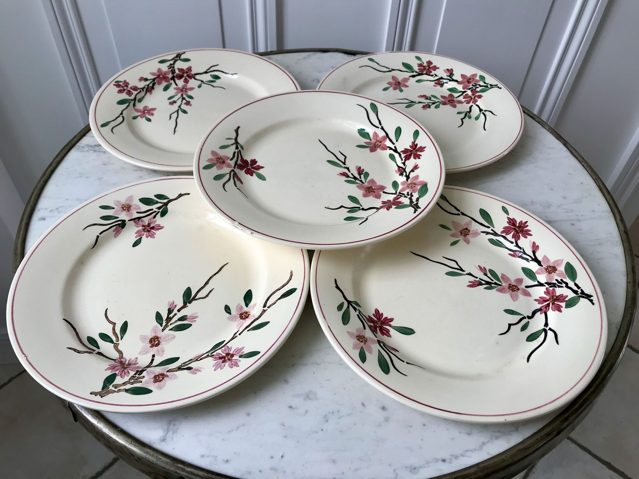 5 flat plates Digoin Sarreguemines model Aigues-Vives hand painted years 30-40
