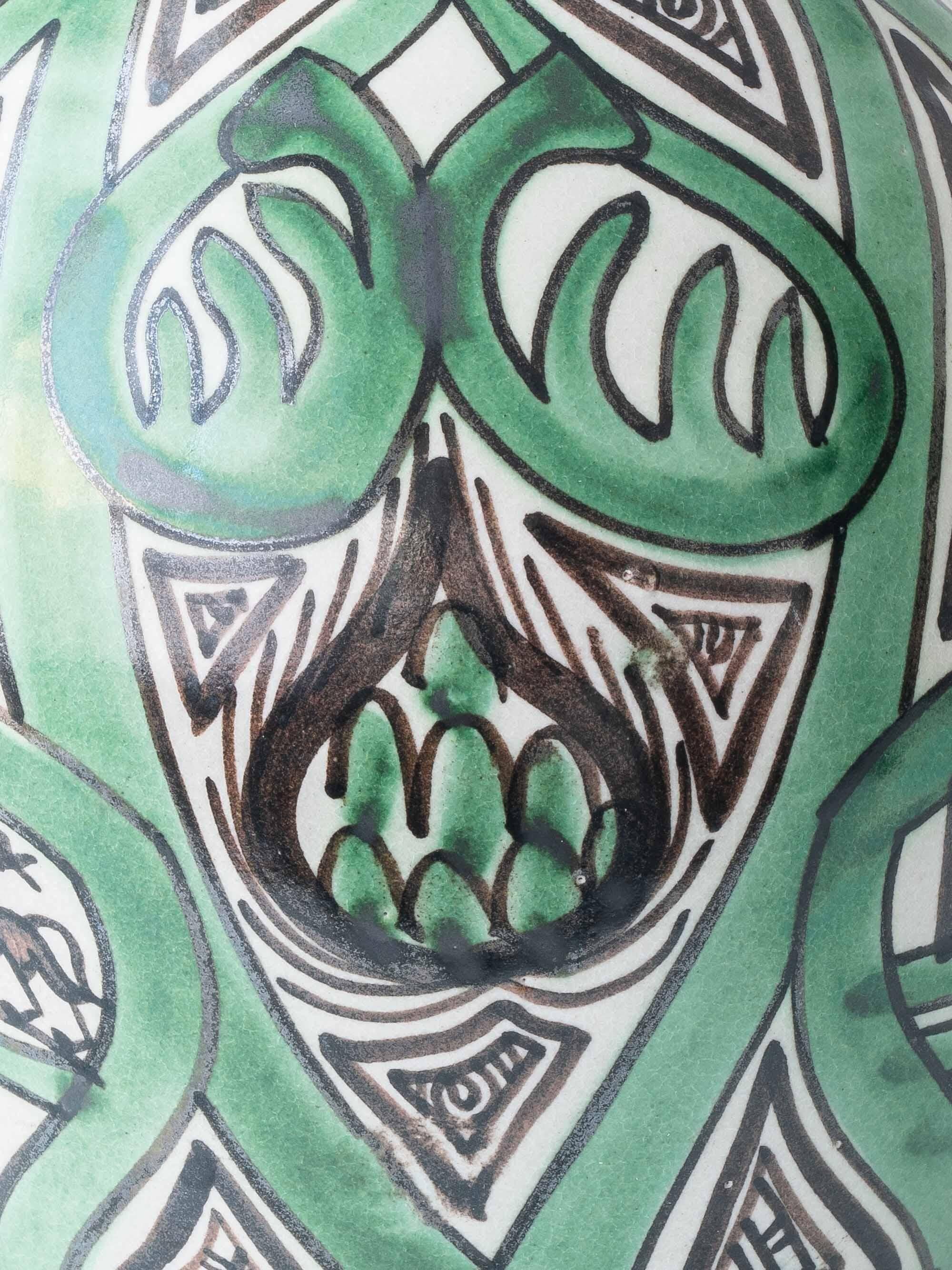 Spanish ceramic pitcher from the mid-century Mudéjar style in green and black, Punter.