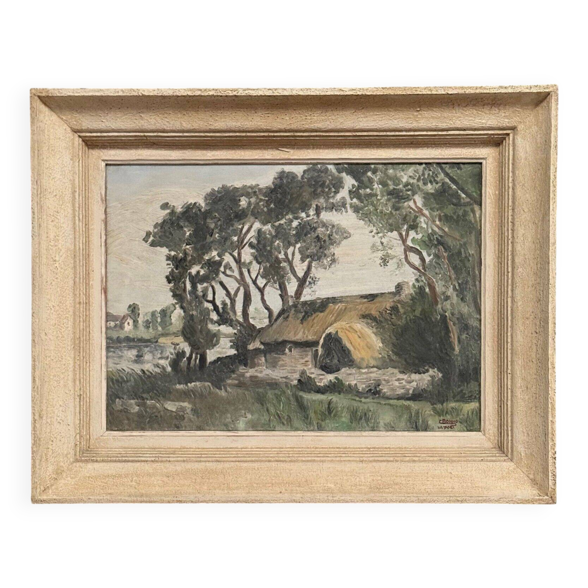 Oil on canvas landscape with Vendée basket by C. Bonno 1949