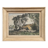 Oil on canvas landscape with Vendée basket by C. Bonno 1949