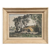 Oil on canvas landscape with Vendée basket by C. Bonno 1949