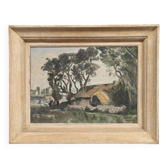 Huile sur toile paysage avec bourriche vendéenne par C. Bonno 1949