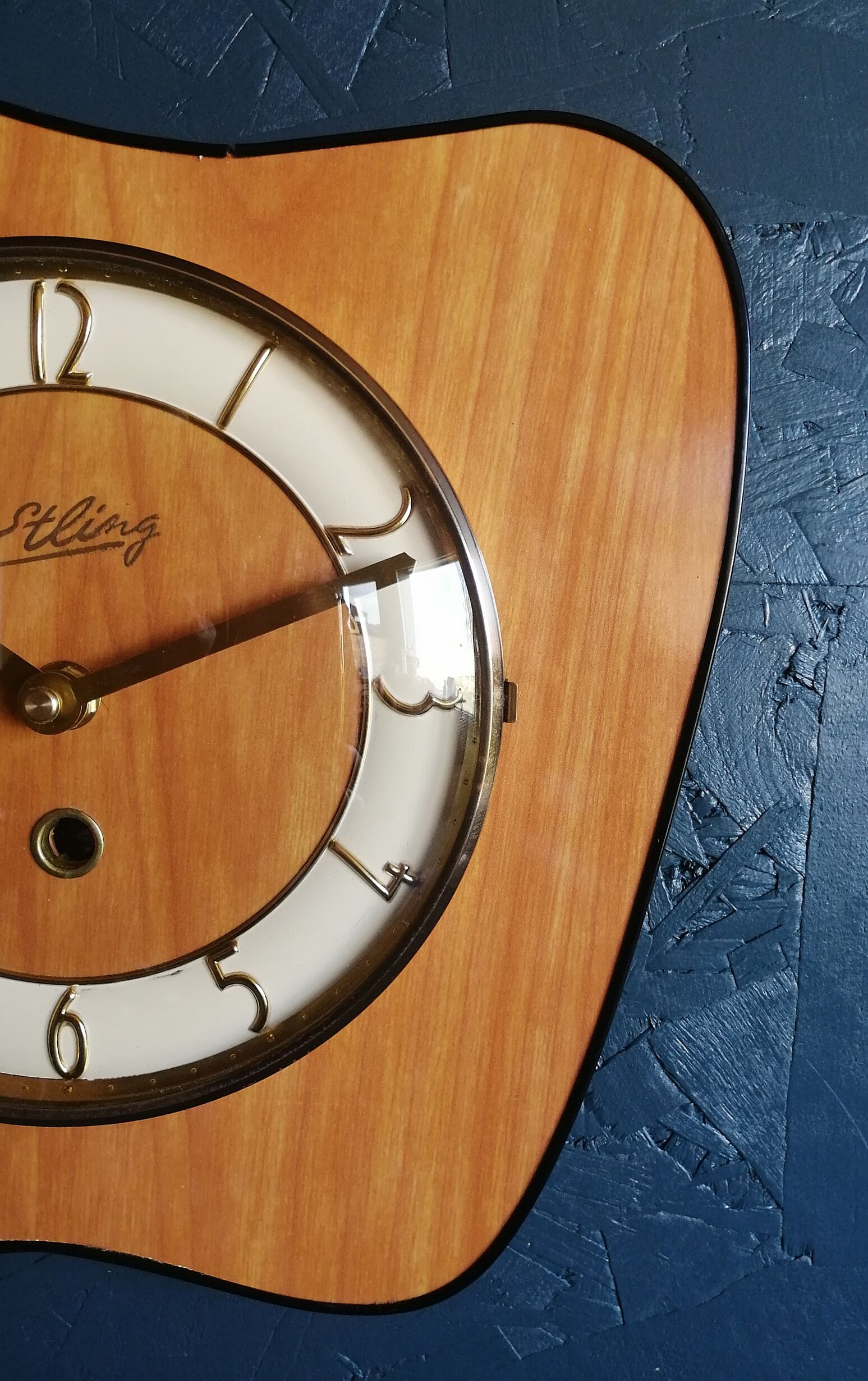 Clock formica vintage asymmetrical silent wall clock "Etling wood"