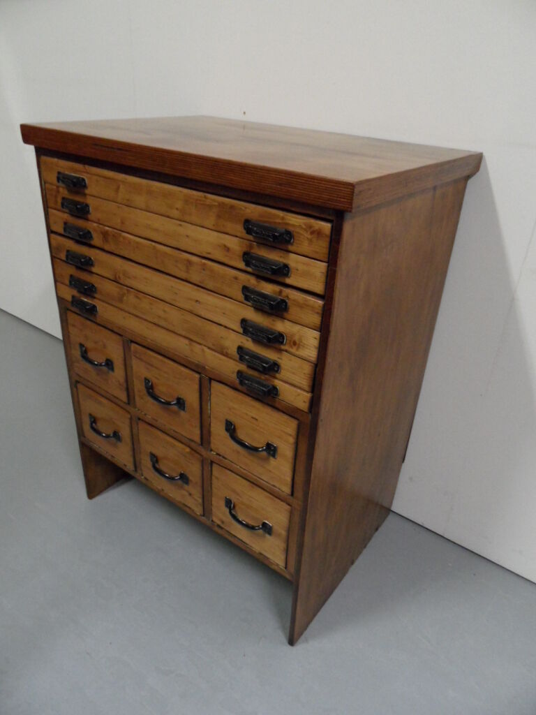 Industrial Dutch pine work bench with drawers