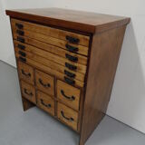 Industrial Dutch pine work bench with drawers