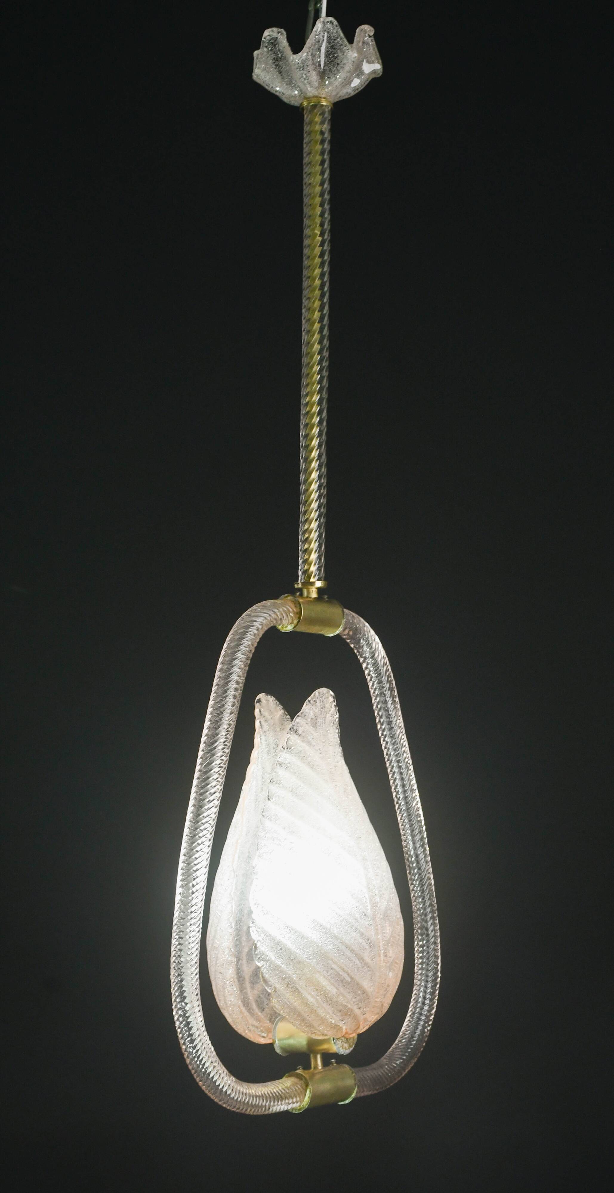 Elgant Pink Art Decò Barovier e Toso Pendant Light Murano Glass, 1940s