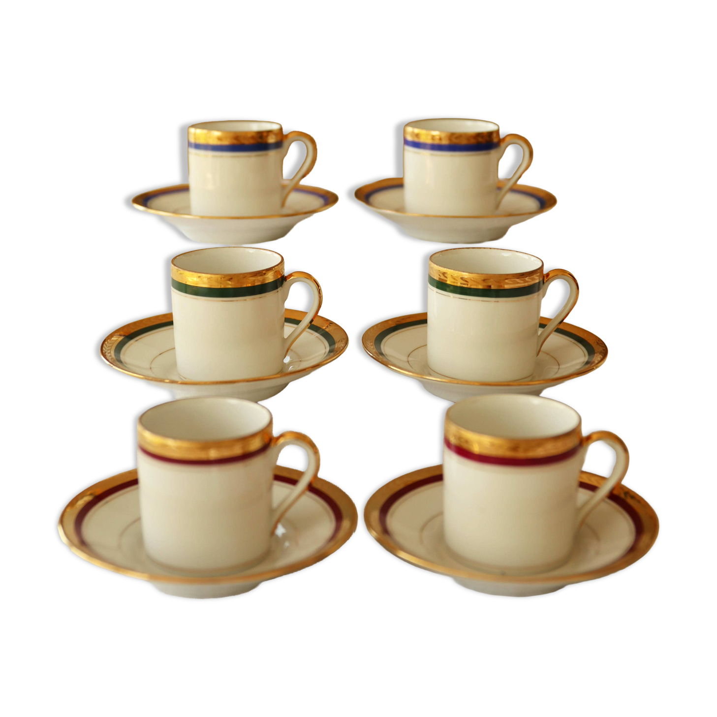 6 coffee cups + saucers in Gien porcelain – Empire style, gold trim