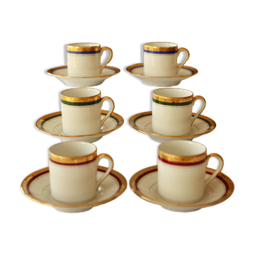 6 tasses à café et soucoupes en porcelaine de Gien – Style Empire, liseré or
