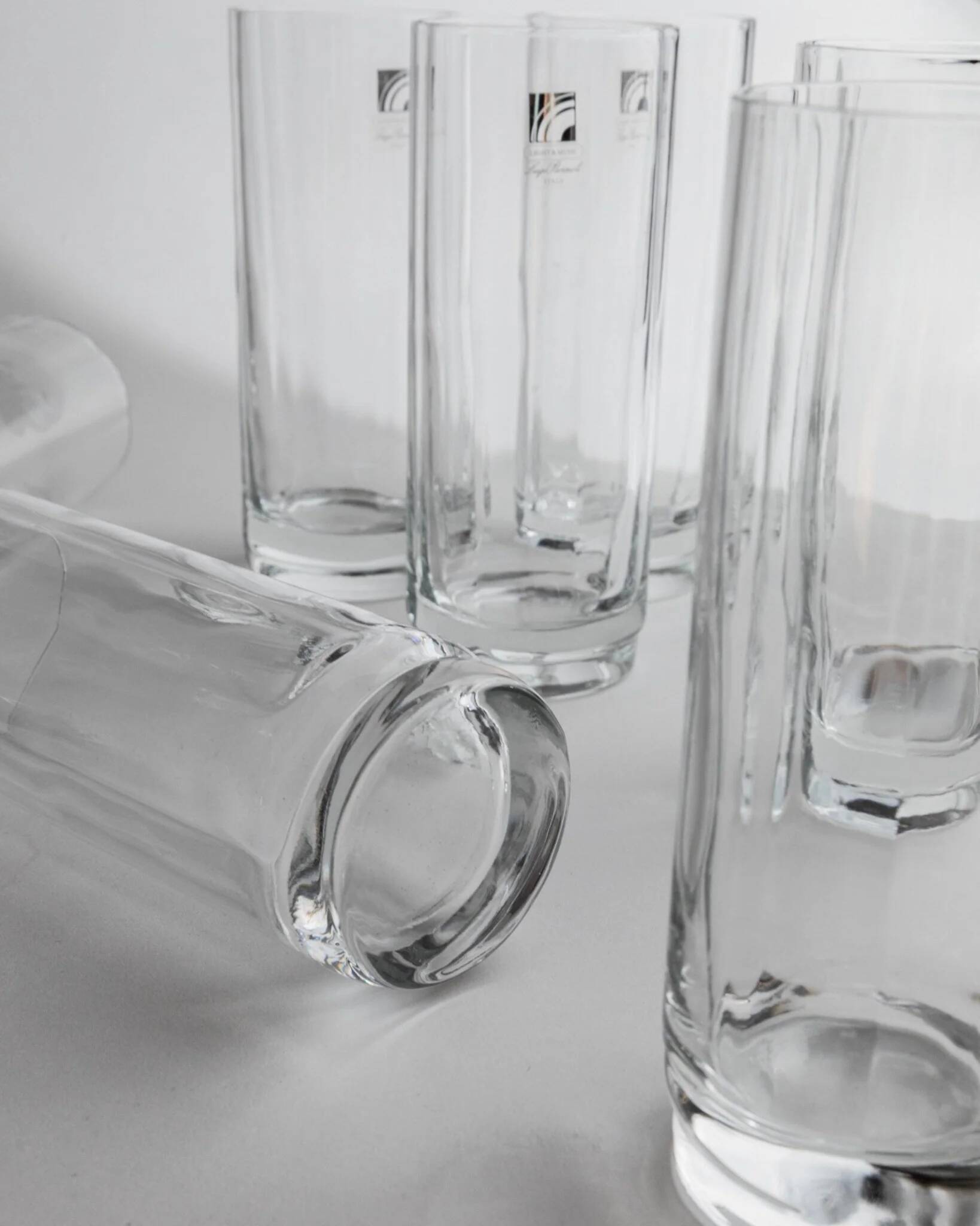 Clear crystal flower-shaped longdrink glasses – Vintage 1980s Luigi Bormioli, Italy, Set of 8