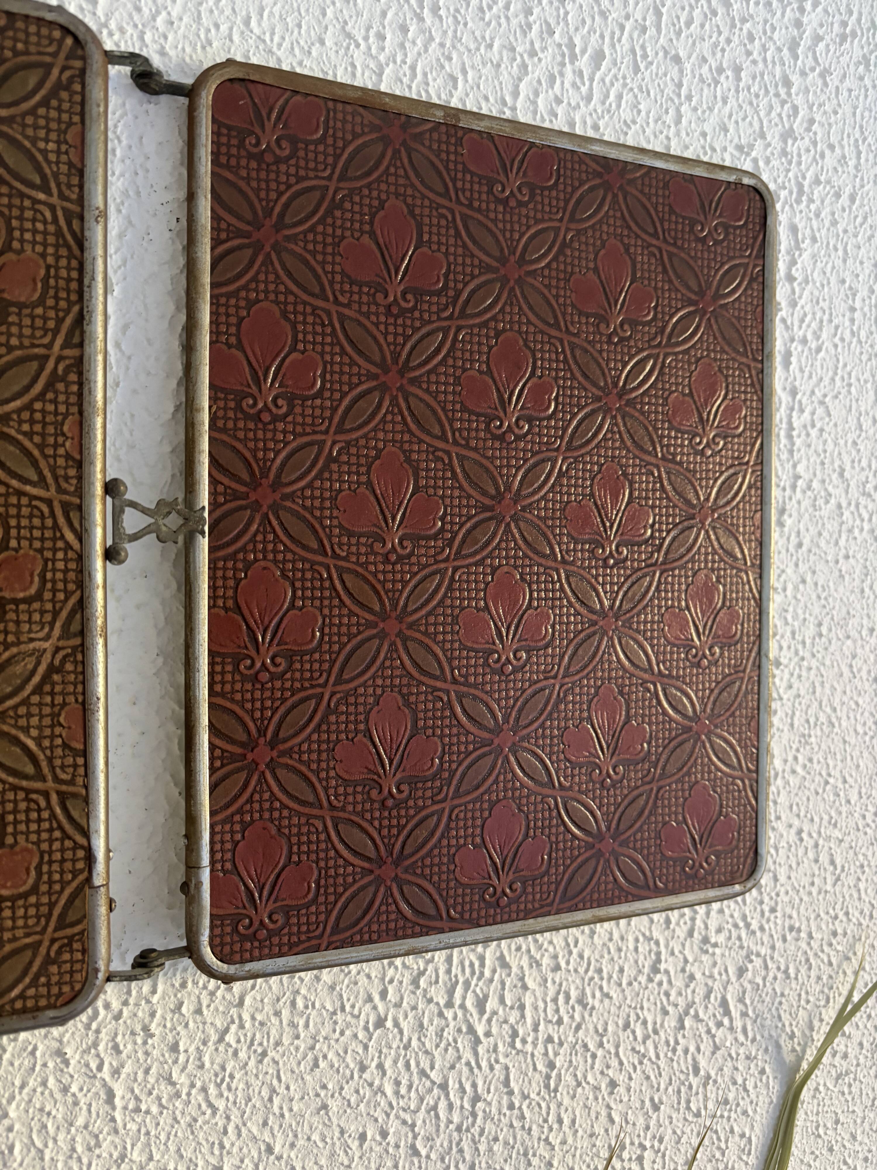 Miroir vintage 1900 triptyque barbier biseauté simili cuir matelassé - 27 x