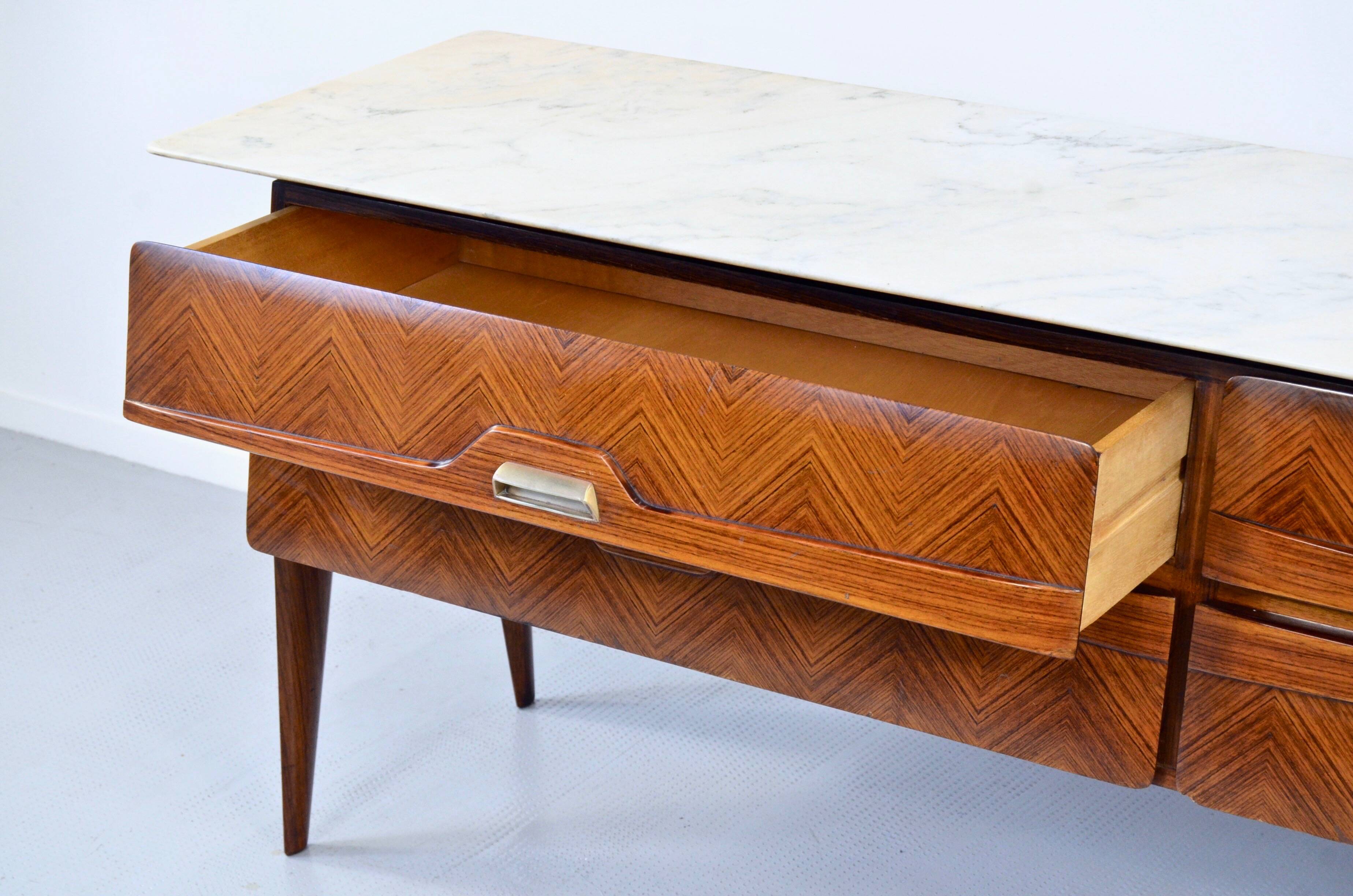 Italian Midcentury Sideboard in Rosewood, Carrara Marble and Brass